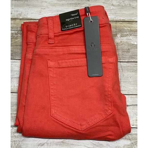 Tractr Mona High Rise Crop Coral Red Raw Hem Garment Dyed Jeans Size 2/26 - Picture 1 of 8